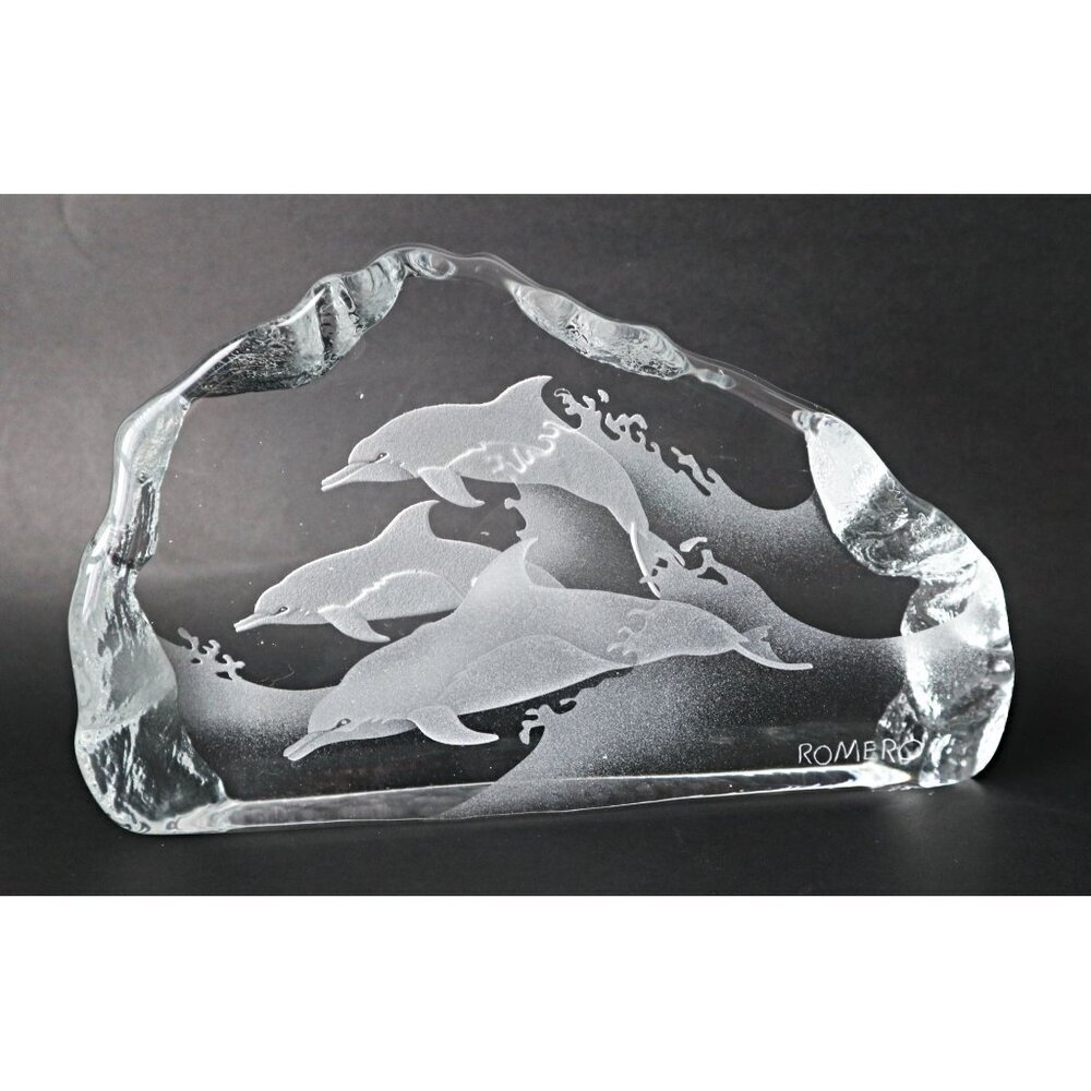 Vintage Crystal Dolphin Paper Weight Art Glass Signed Romero